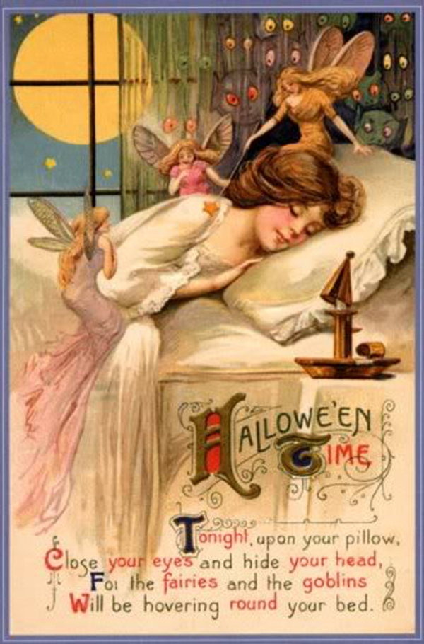 A pretty postcard vision of Halloween, with fairies dancing around a little sleeping girl. A pretty postcard vision of Halloween, with fairies dancing around a little sleeping girl.
