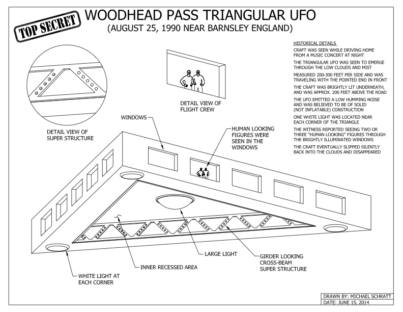 This drawing depicts a large triangular-shaped craft that was seen over the highway near Barnsley, England in 1990. This drawing depicts a large triangular-shaped craft that was seen over the highway near Barnsley, England in 1990.