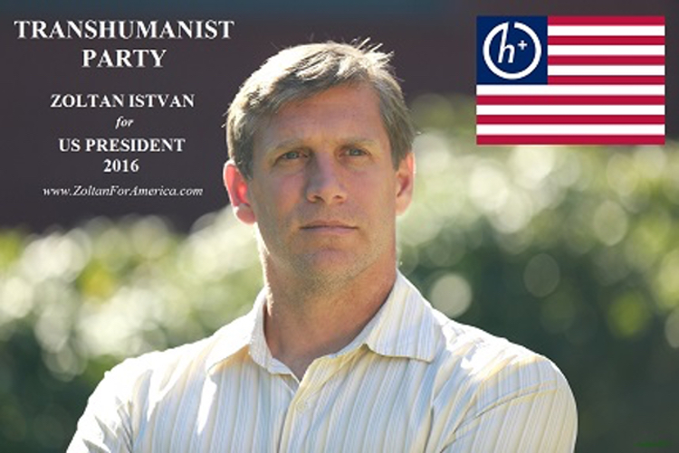 A photo of Zoltan Istvan with a couple of intriguing inserts advertising his presidential campaign, based on the concept of transhuminism.